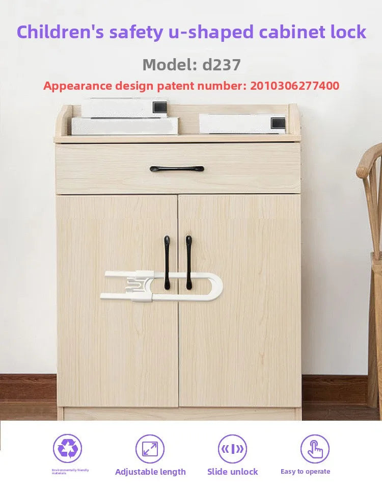 A light wood cabinet lock featuring a u-shaped design and a slide lock mechanism.