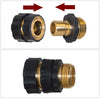 A set of heavy-duty metal garden hose quick connectors in black and brass.