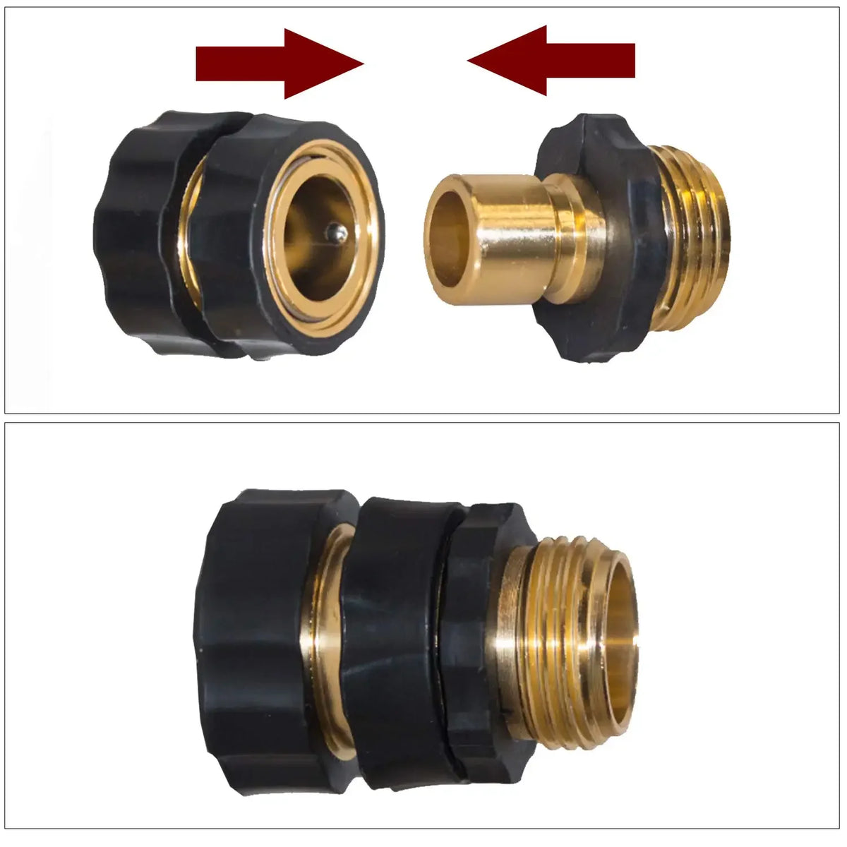 A set of heavy-duty metal garden hose quick connectors in black and brass.