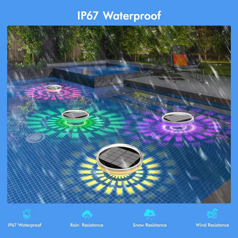 An outdoor swimming pool illuminated by colorful solar floating lights with a remote control, demonstrating IP67 waterproof f