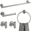 A set of four stainless steel bathroom accessories including a toilet paper holder, towel ring, and hooks.