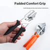A hand holds a padded comfort grip adjustable angle shear tool for cutting PVC and PE pipe.