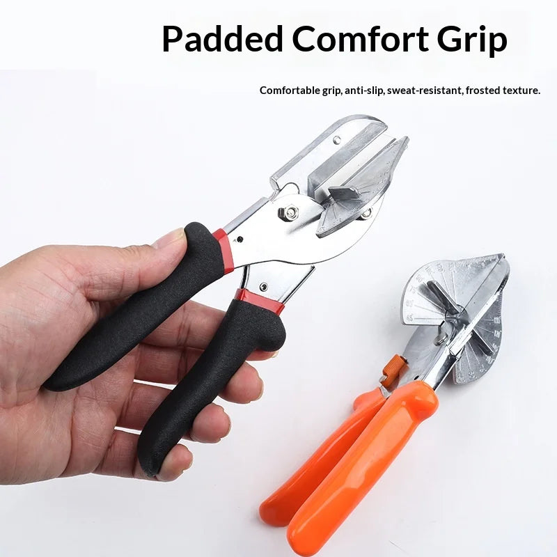 A hand holds a padded comfort grip adjustable angle shear tool for cutting PVC and PE pipe.