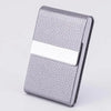 A silver textured card holder with a white accent strip, made of slim PU leather and stainless steel.