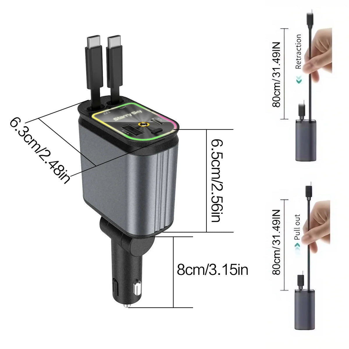 Cargador de coche dual USB-C retráctil negro con indicador de voltaje, mostrado con dimensiones y usos.