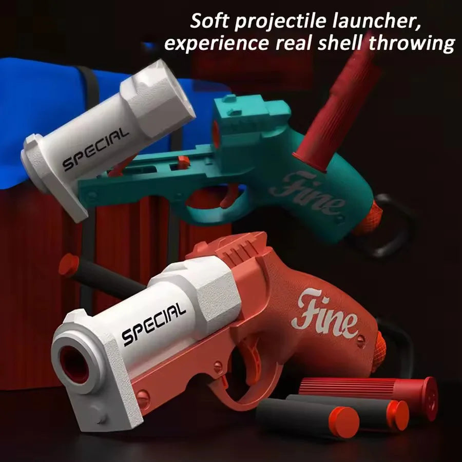 A close-up of a soft projectile launcher toy gun with a red and white finish, demonstrating shell throwing.