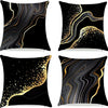 Black throw pillow cover with a swirling gold line pattern and scattered gold dots