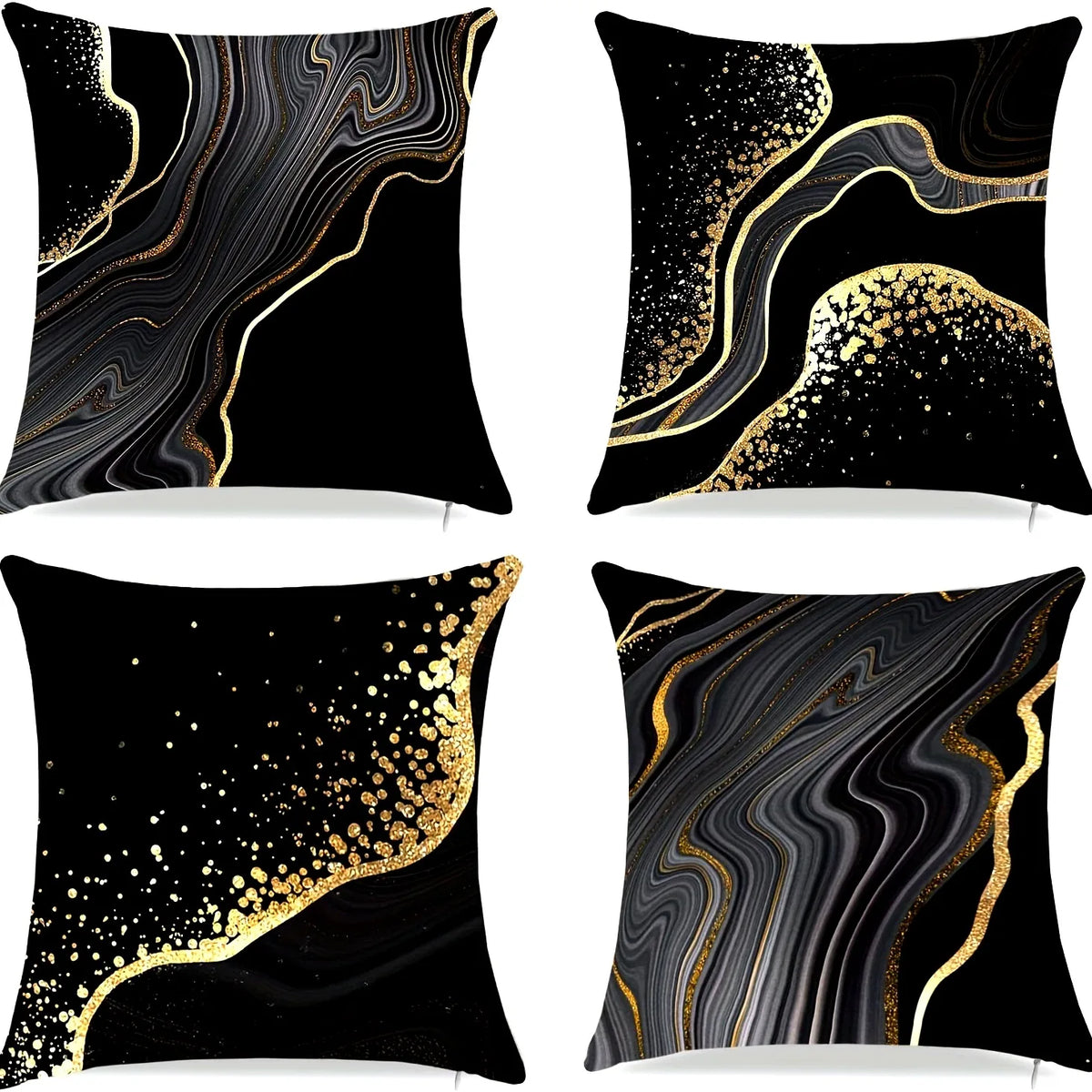 Black throw pillow cover with a swirling gold line pattern and scattered gold dots
