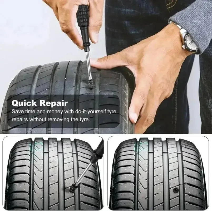 A hand uses a screwdriver to apply a rubber screw patch to a tire, demonstrating a quick repair method.
