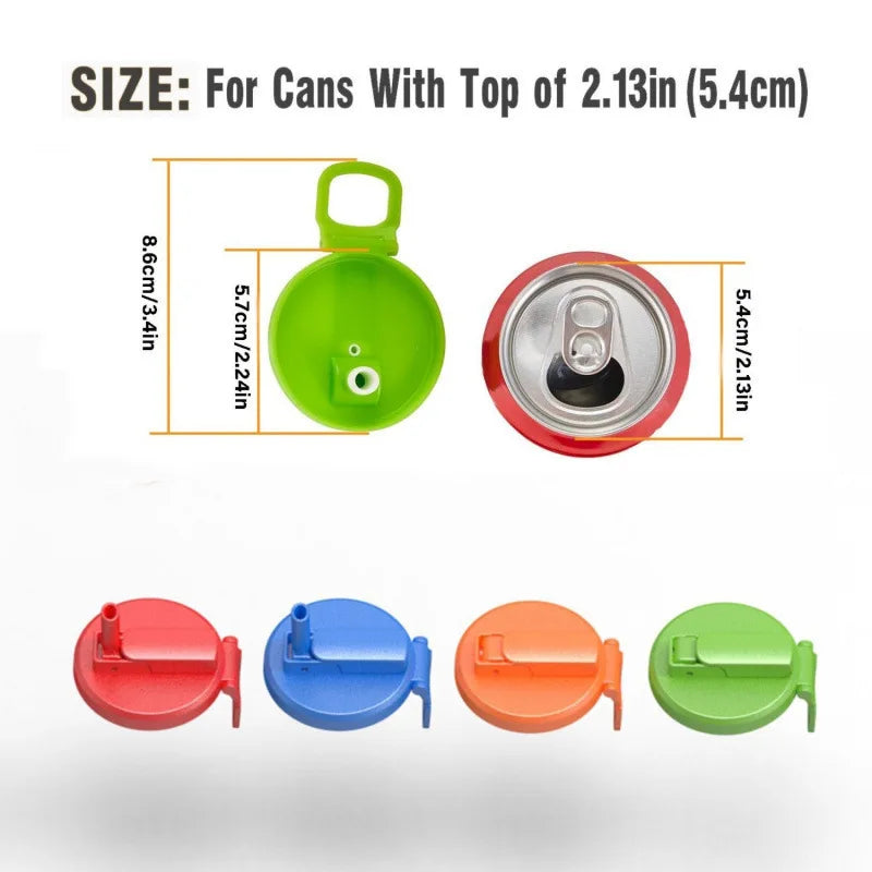 Reusable silicone can lid with straw shown in red, blue, orange, and green colors.
