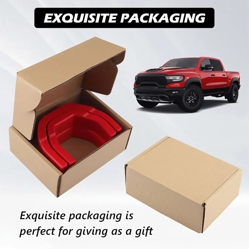 A red front tow hook cover for a RAM 1500 truck is shown in various packaging forms.