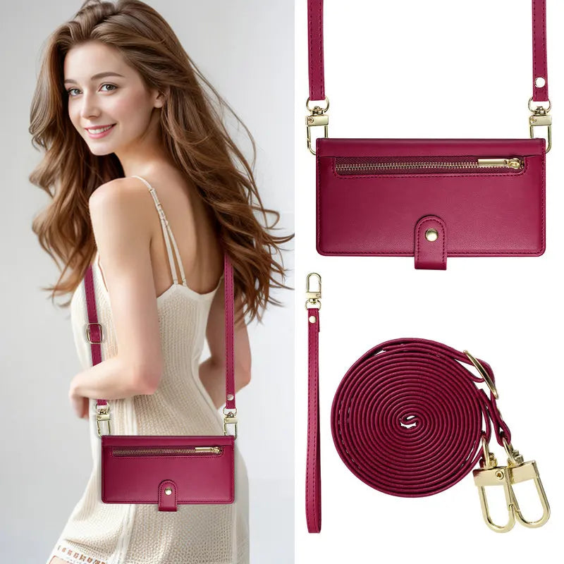 A woman models a pink crossbody phone wallet with a zipper closure and card slots against a light background.