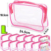 Clear pink PVC travel makeup and toiletry organizer bag with a zipper shown in various configurations.