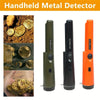 Three handheld metal detectors in olive green, black, and orange colors shown against a brown background.