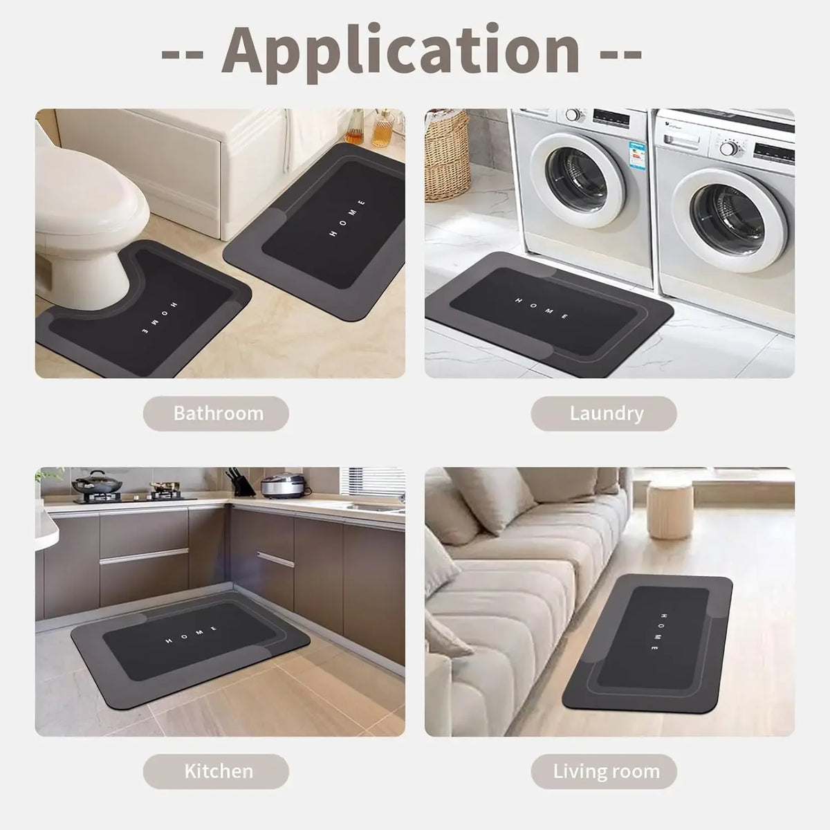 Various applications of natural diatomium mud floor mats shown in bathroom, laundry, kitchen, and living room settings.