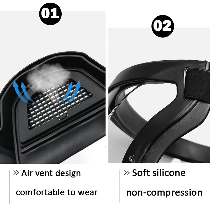 Close-up view of a black protective face mask featuring an air vent design and soft silicone non-compression seal.