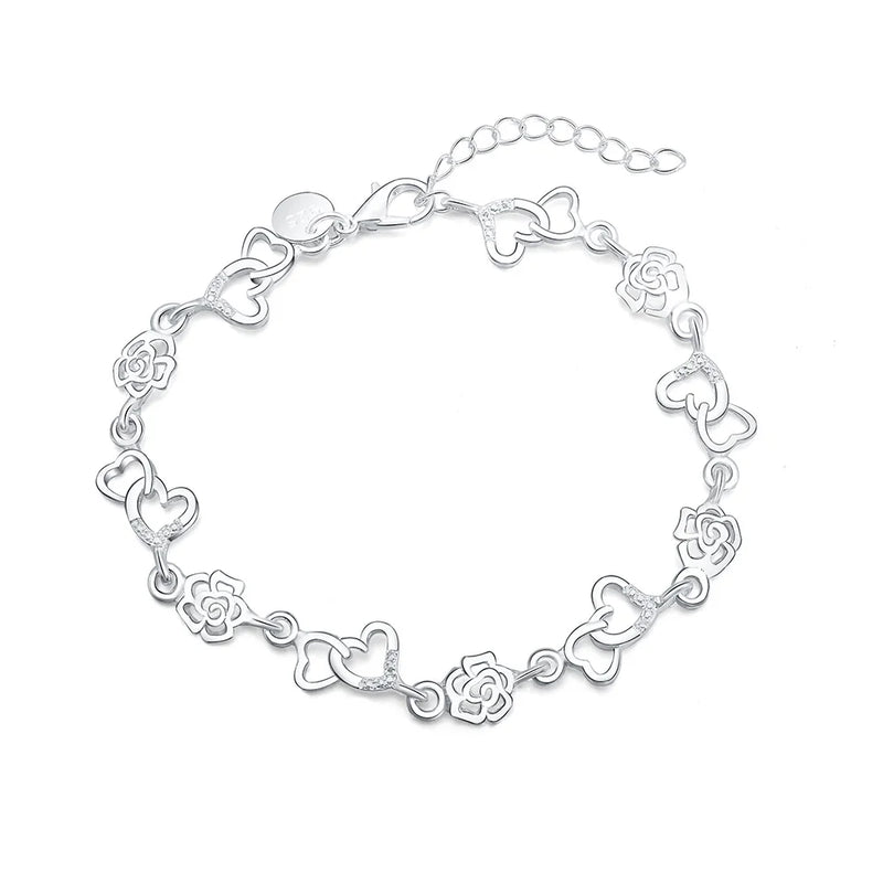 Pulsera de Cadena Corazón y Flor en Plata de Ley