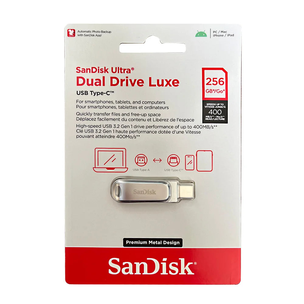 SanDisk Ultra Dual Drive Luxe USB 3.2 flash drive with Type-C and Type-A connectors in a white packaging box.