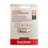 SanDisk Ultra Dual Drive Luxe USB 3.2 flash drive with Type-C and Type-A connectors in a white packaging box.