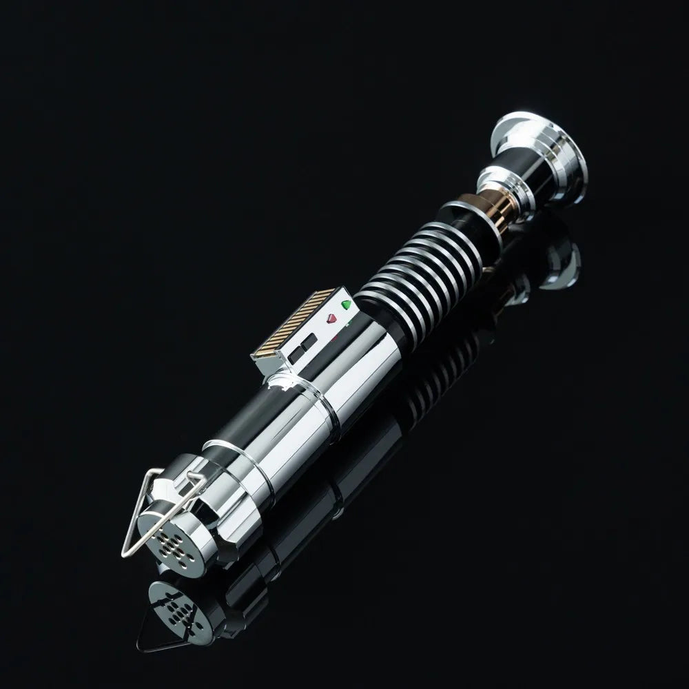 A silver lightsaber hilt with a metal blade is shown against a black background.