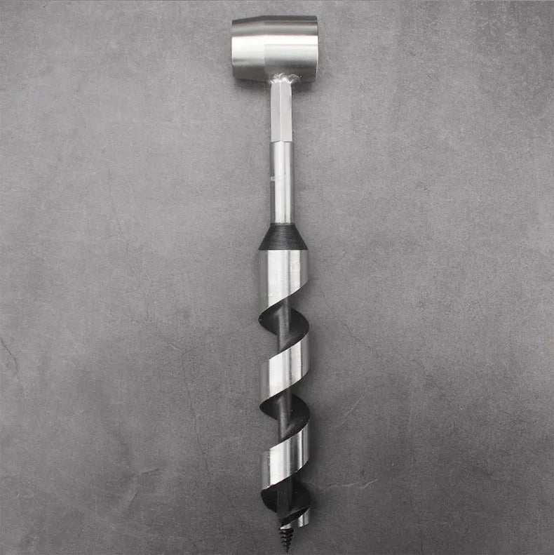 A silver manual wood auger drill with a spiral design and a leather holster.