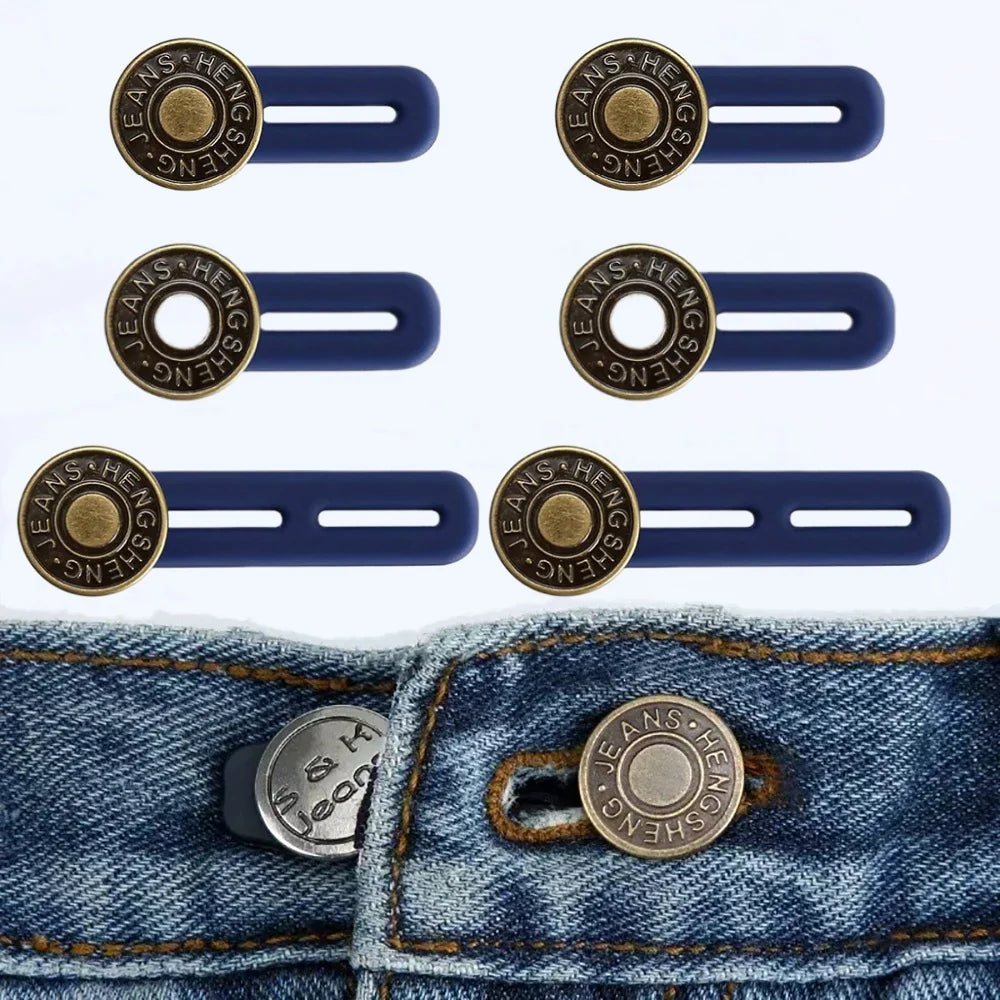 Ensemble de cinq élargisseurs de taille réglables pour jeans avec des composants en laiton et bleu marine.