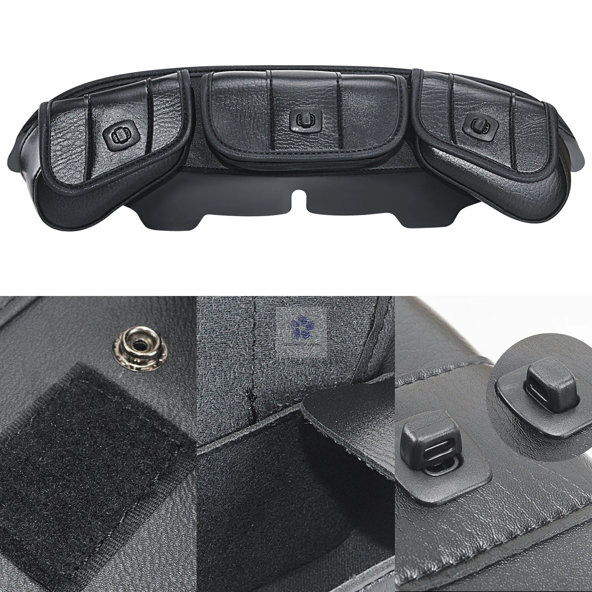Black PU leather motorcycle windshield storage bag with multiple compartments and closures