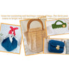 Various bags and accessories made from thick, bright colored yarn for knitting and crochet projects.