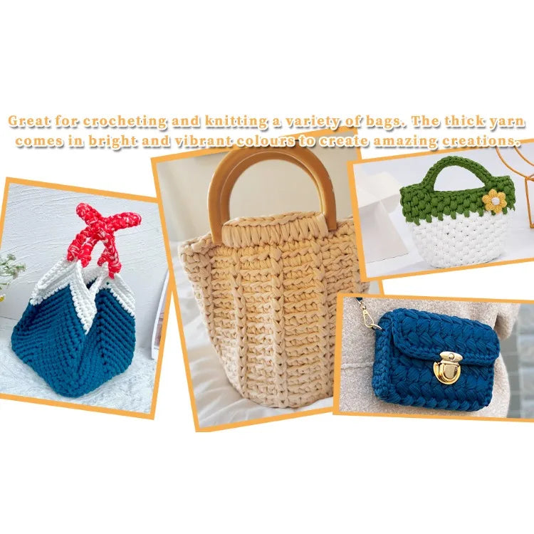 Various bags and accessories made from thick, bright colored yarn for knitting and crochet projects.
