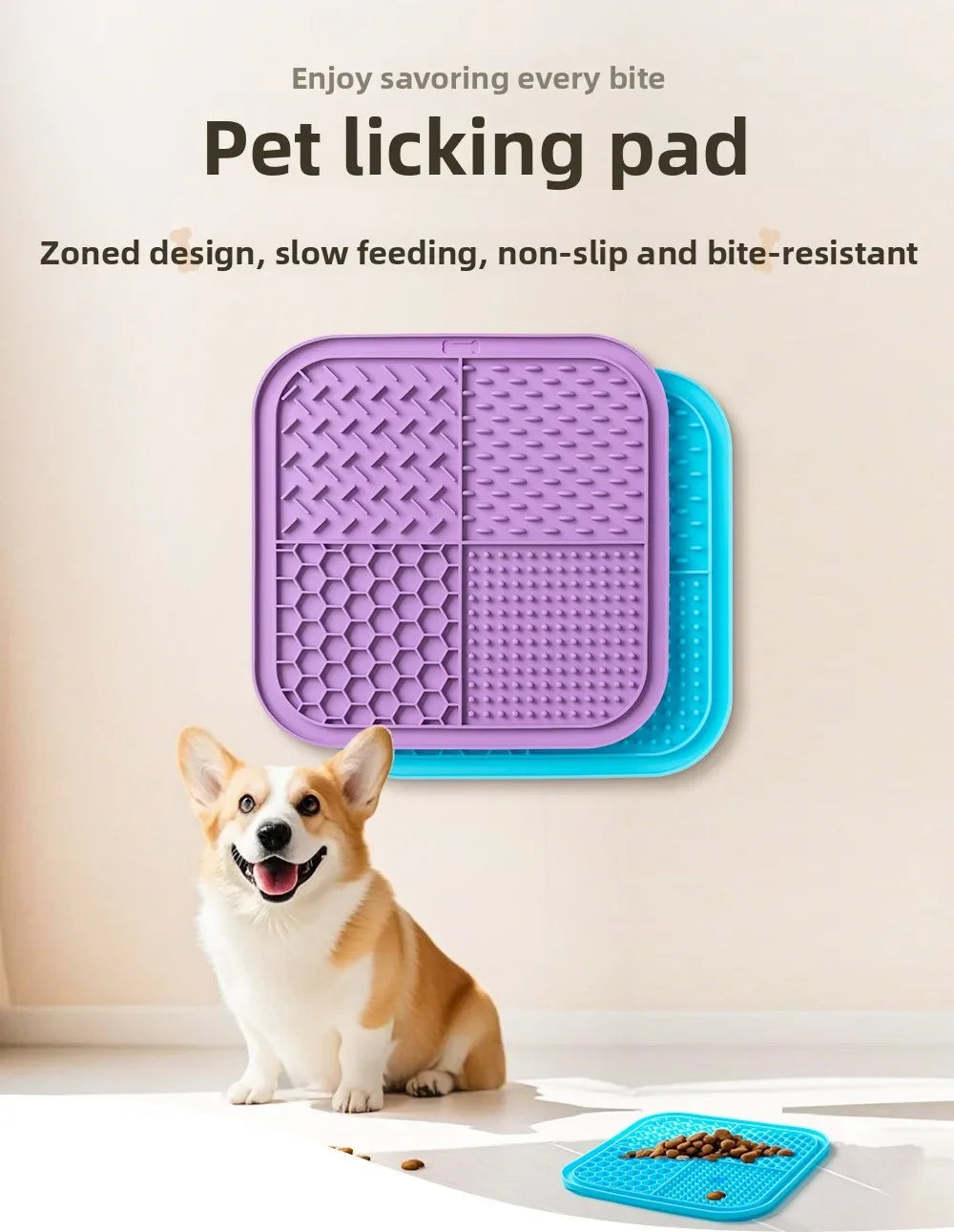 A purple silicone pet licking pad is shown next to a small dog, with a blue version visible on the floor.