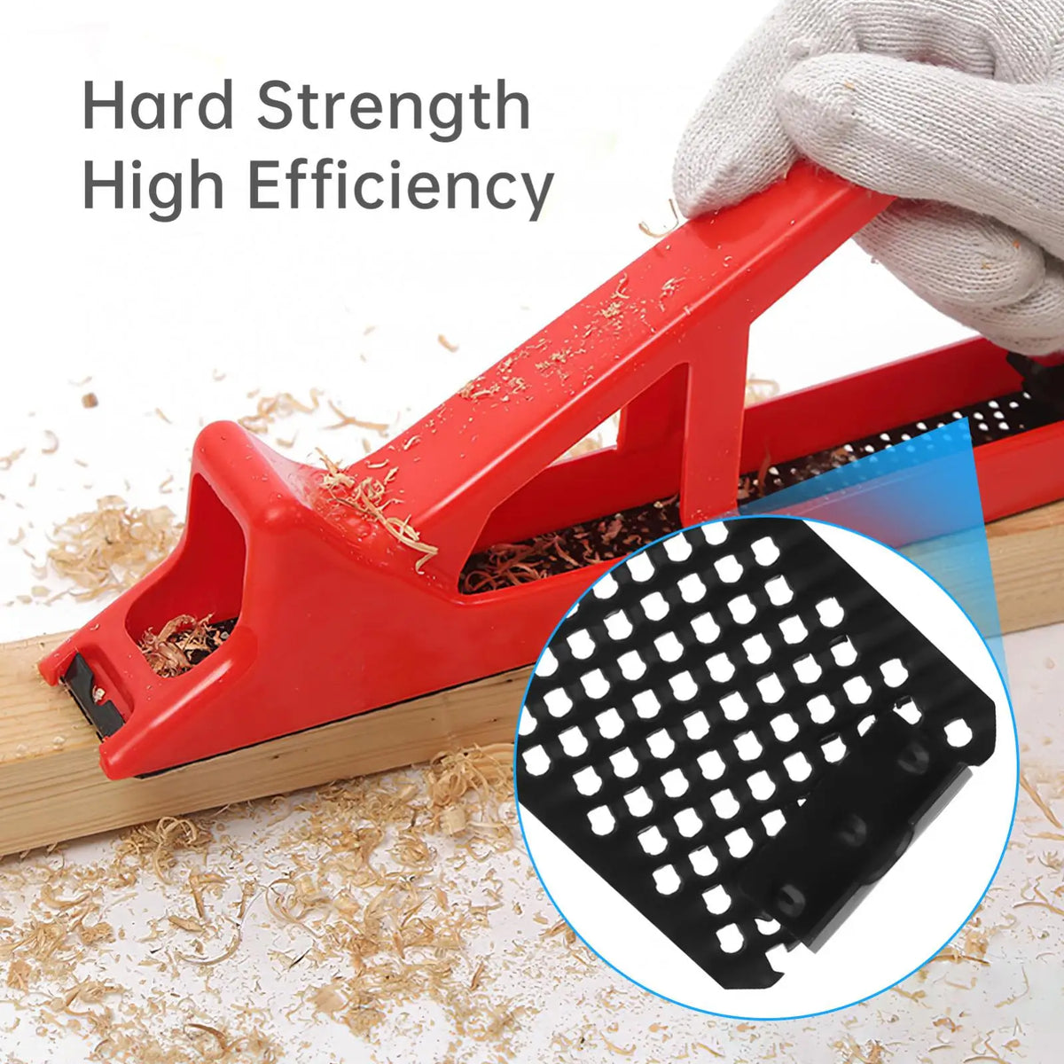 Red flat surform shaver blades being held by a hand, showing the grid pattern of the blade.