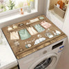 A retro laundry room washer and dryer top cover with a wooden tray and non-slip protection on a white appliance.
