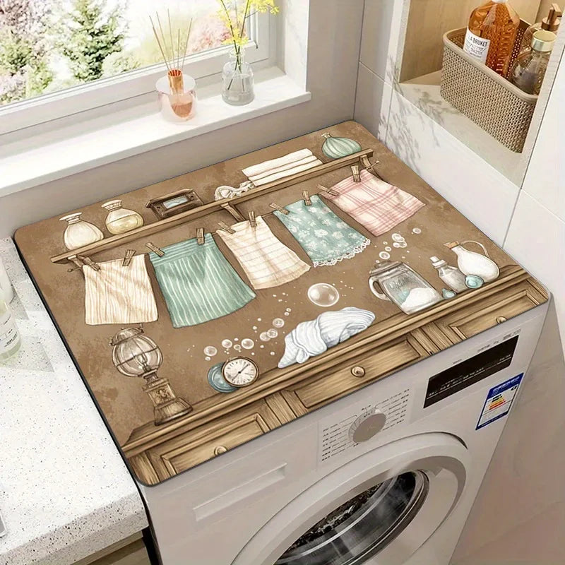 A retro laundry room washer and dryer top cover with a wooden tray and non-slip protection on a white appliance.