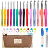 Ergonomic crochet hook set with 14 sizes in various colors stored in a padded case