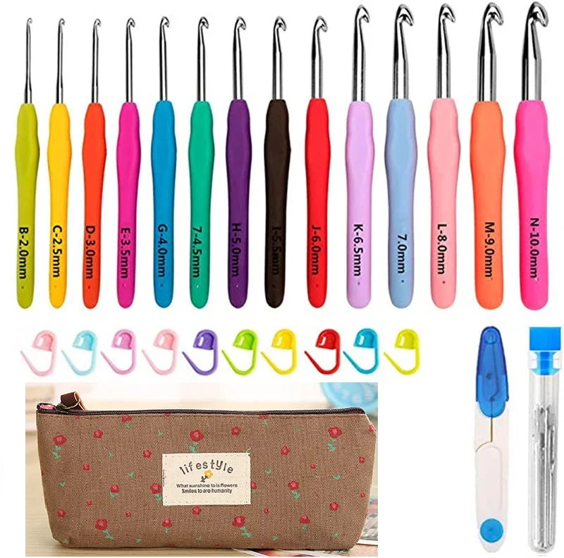 Ergonomic crochet hook set with 14 sizes in various colors stored in a padded case
