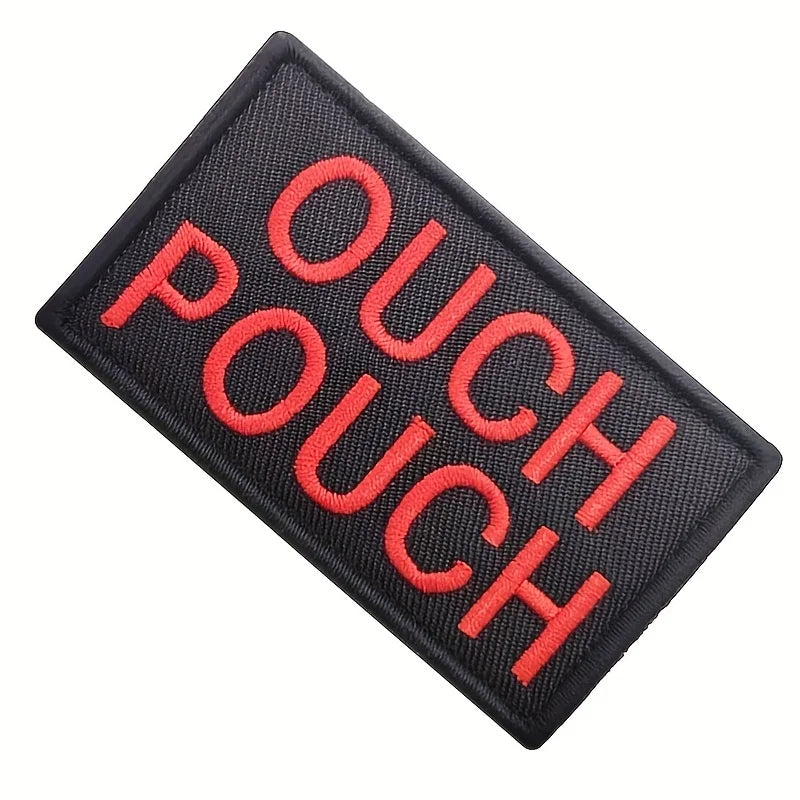 Black embroidered morale patch with red text spelling out OUCH POUCH