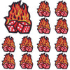 A set of ten embroidered iron-on patches shaped like rock skulls in red and orange flames.