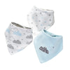 A pack of three soft cotton baby bibs featuring clouds and stars in white and light blue.