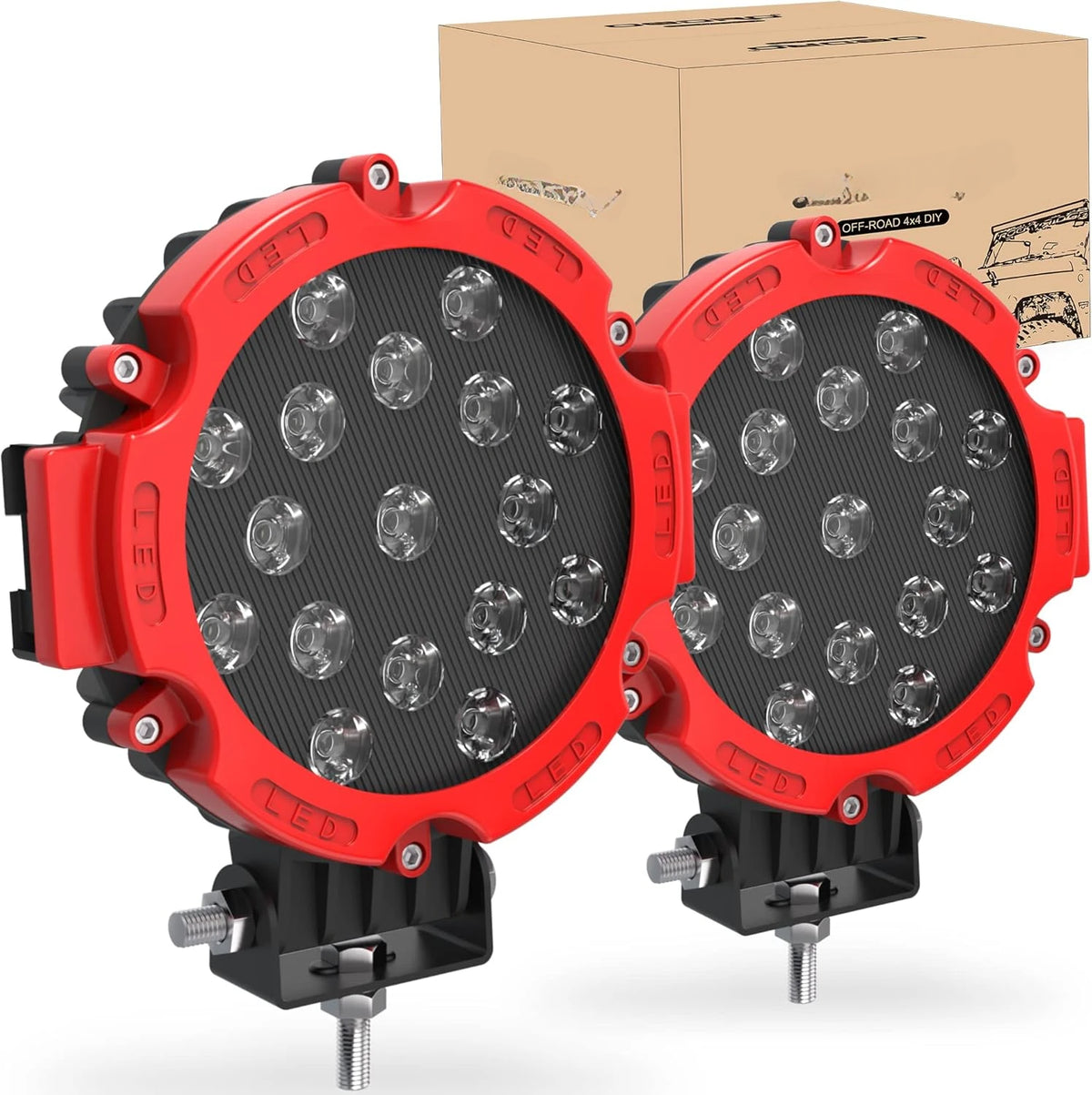A pair of red LED work light bars with spot beams for off-road vehicles, shown next to a cardboard box.