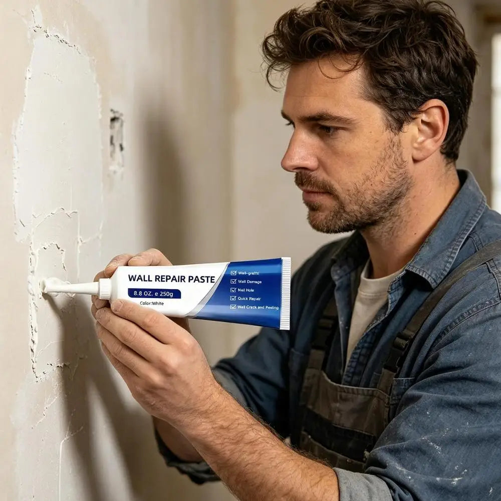 A man applies wall repair paste to a textured wall surface using a squeeze bottle.