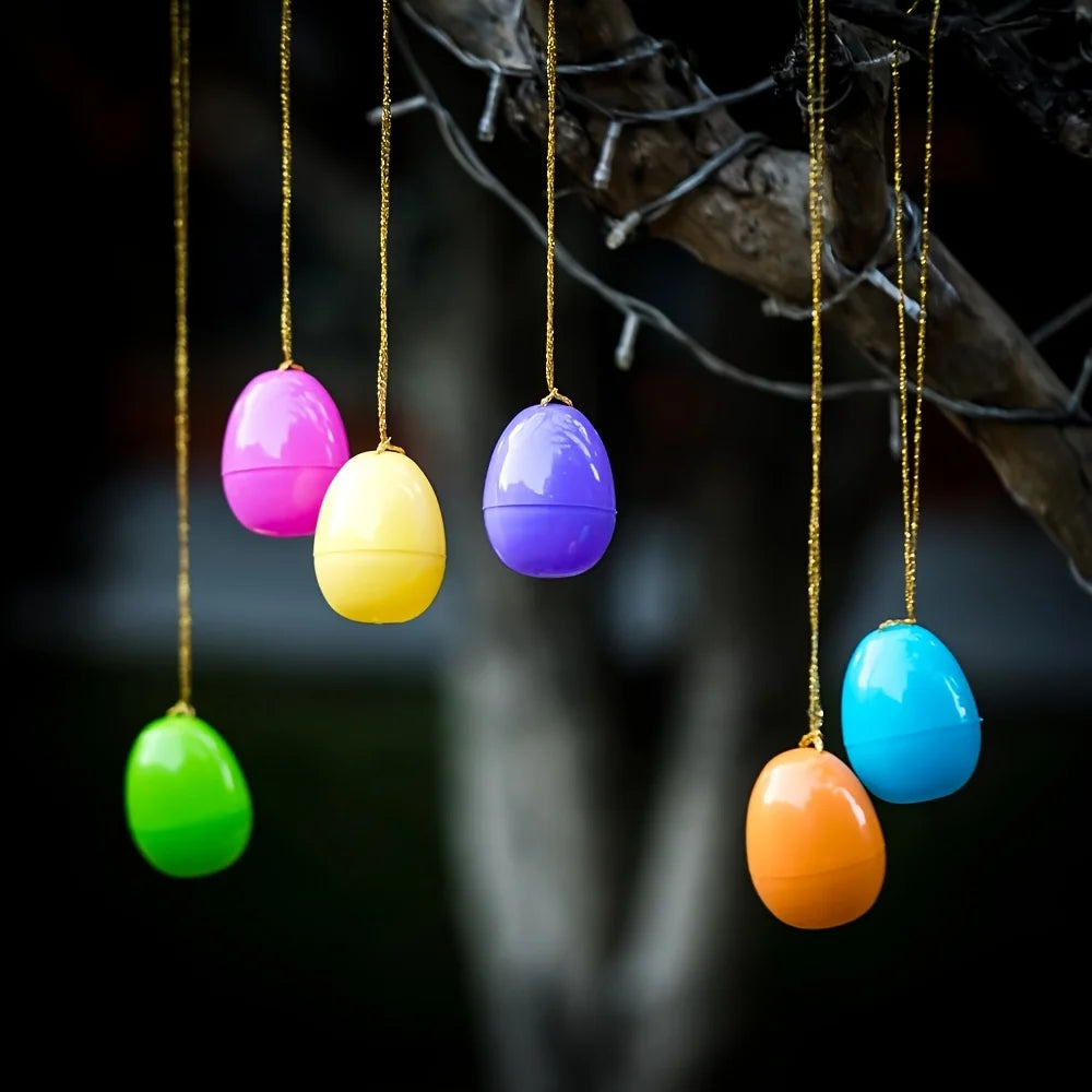 A collection of colorful plastic Easter eggs in various shades including pink, yellow, purple, green, and orange hanging from