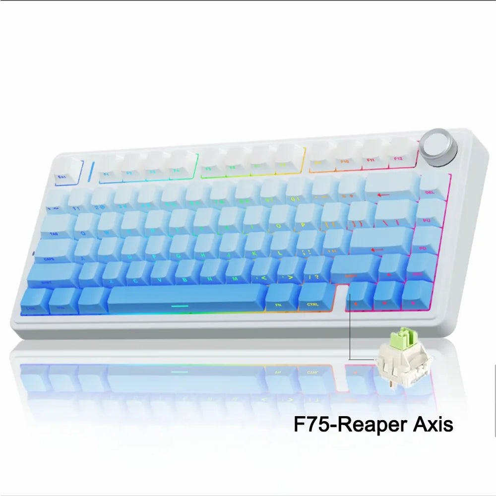 A white mechanical keyboard with a gasket structure and an F75-Reaper Axis component is shown on a reflective surface.
