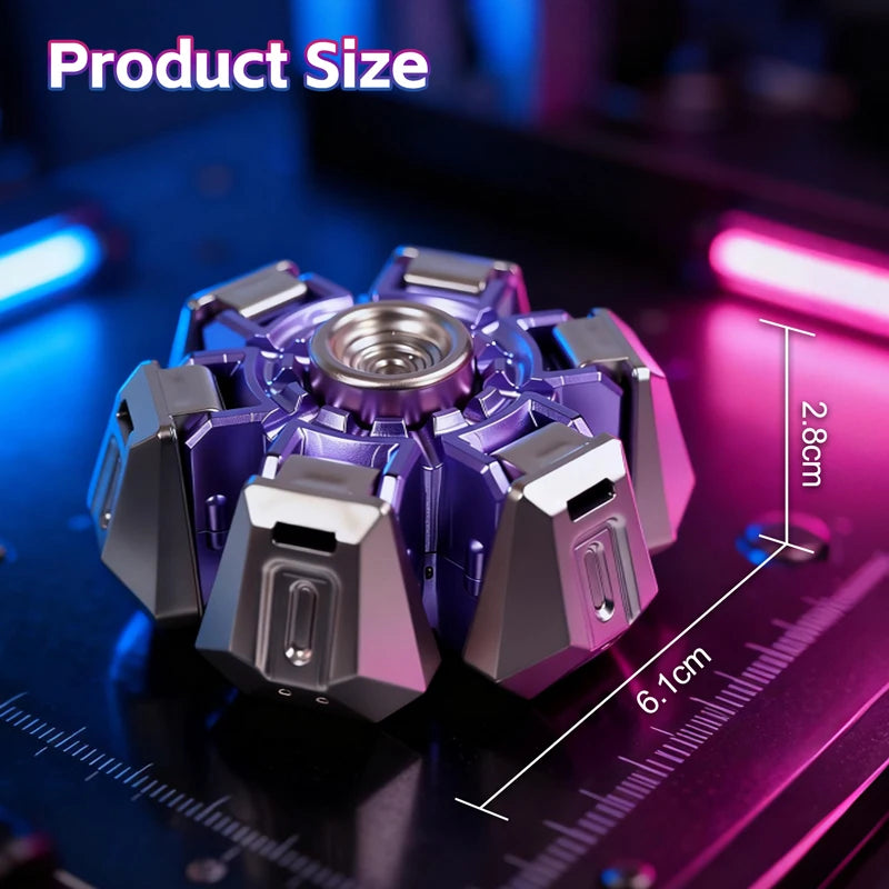 A purple and black fidget spinner or gyroscope device is shown on a dark surface with measurement markings.