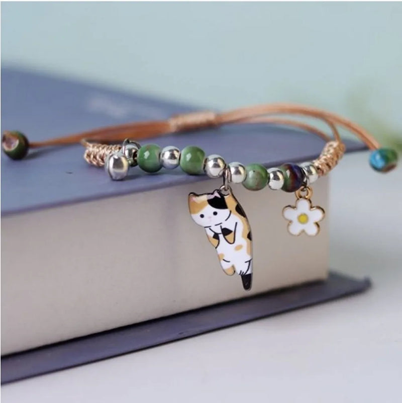 Enamel Cat & Flower Charm Bracelet