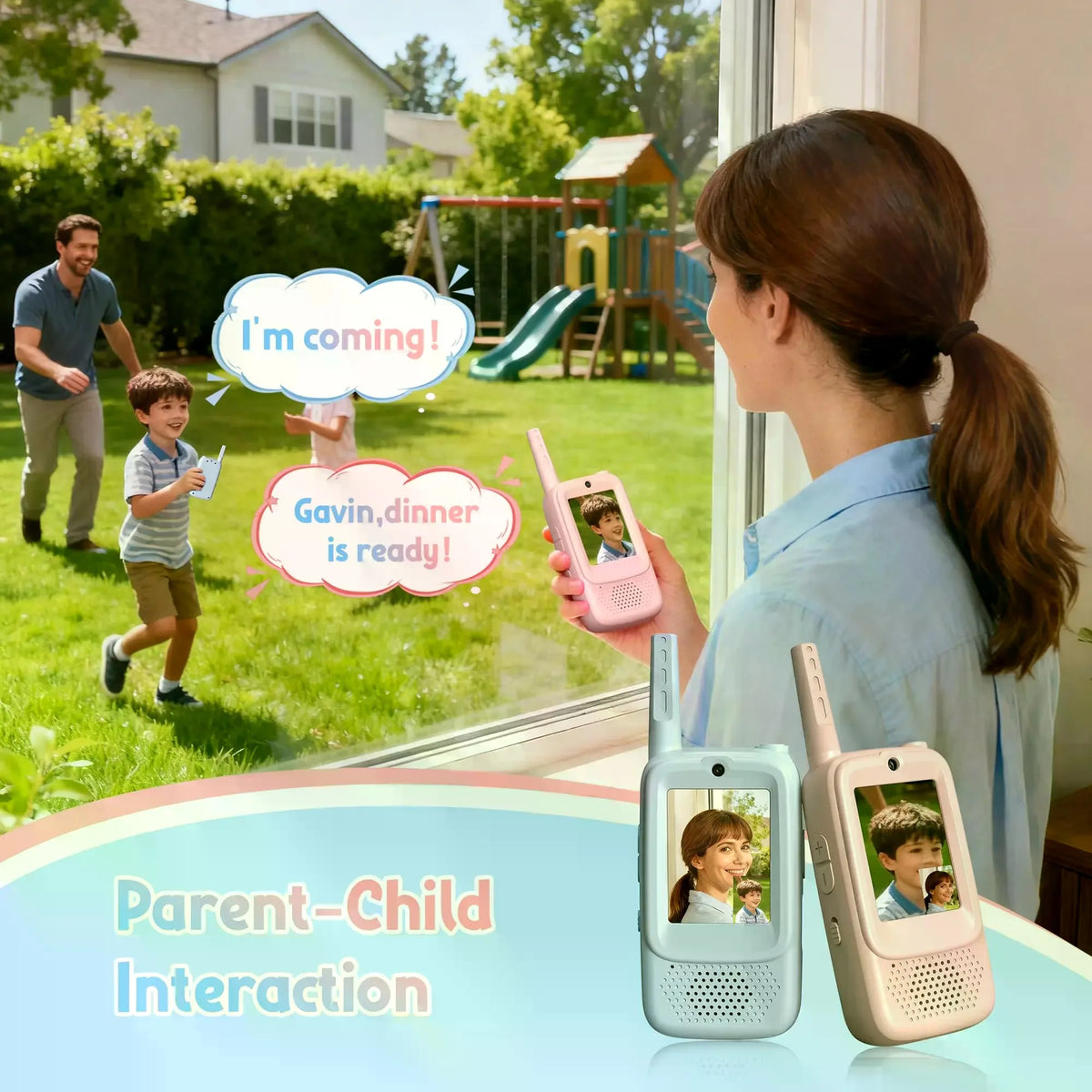 A woman is interacting with a parent-child video walkie talkie set showing a conversation bubble.