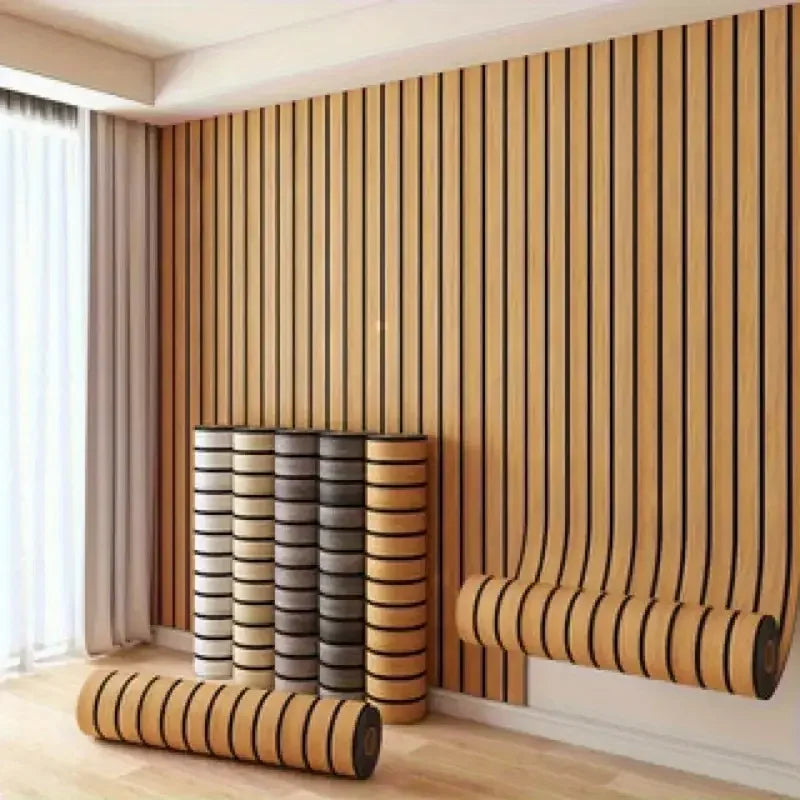 Vertical wood grain wallpaper with a horizontal slat design on a wall in a modern room.