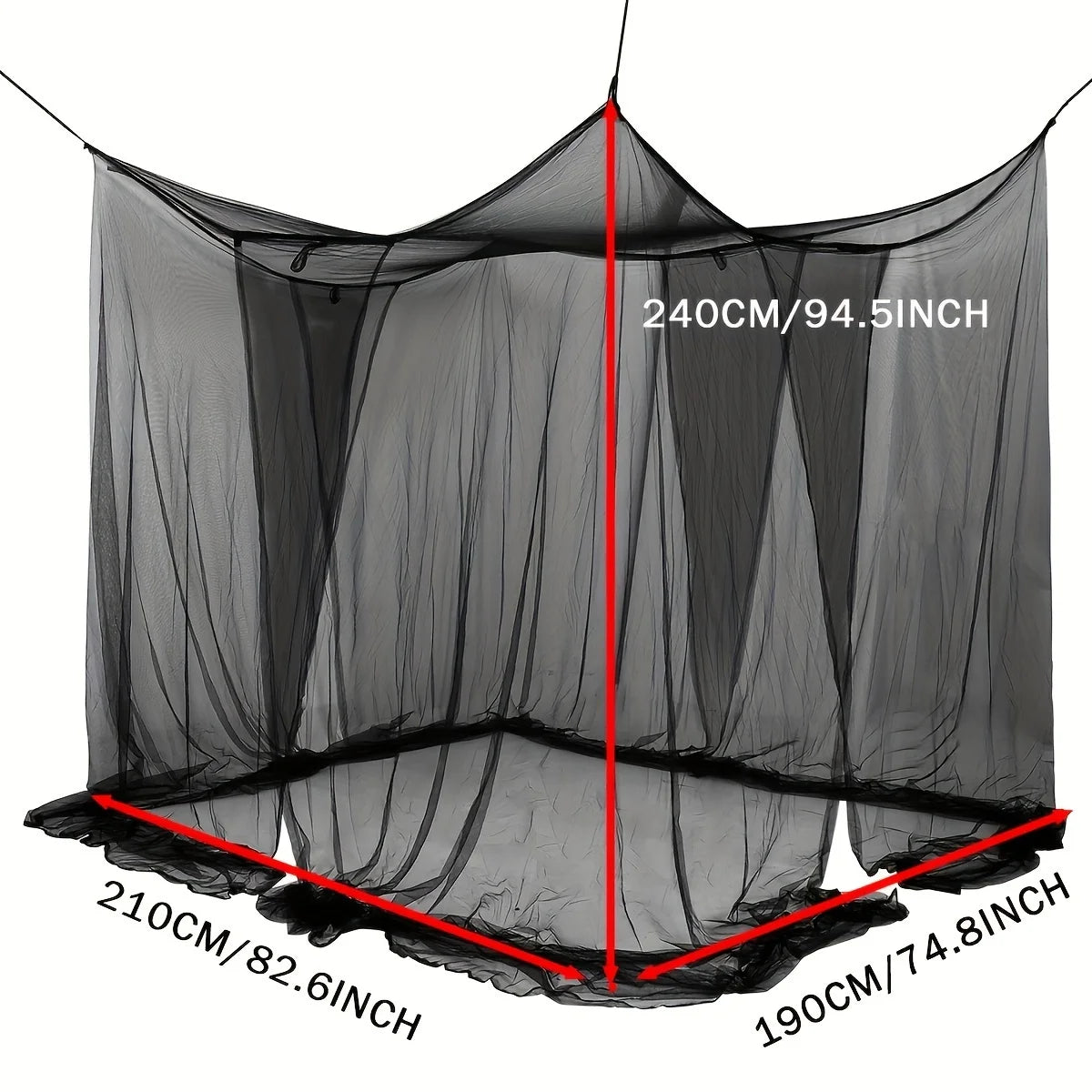 Black floor-to-ceiling mosquito net with double opening shown from above.
