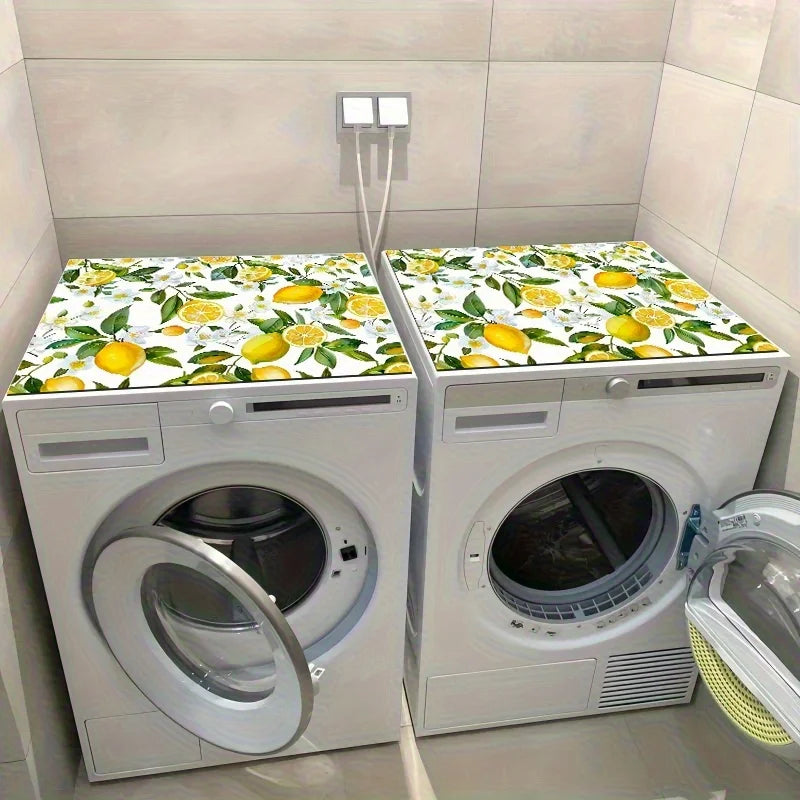 Two white washing machines with lemon pattern absorbent diatomite mats are shown in a utility room.
