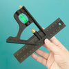 A hand holds a black multifunctional carpenter square with an angle level and protractor tool against a teal background.