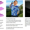 A pair of purple walkie talkies with built-in flashlight shown next to a smiling child outdoors.